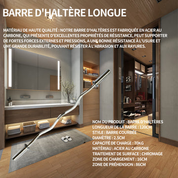 Barre d'haltères 120 cm diamètre 2.5 cm barre Curve fitness à domicile haltérophilie longue barre multicouche chromée portante 70 kg